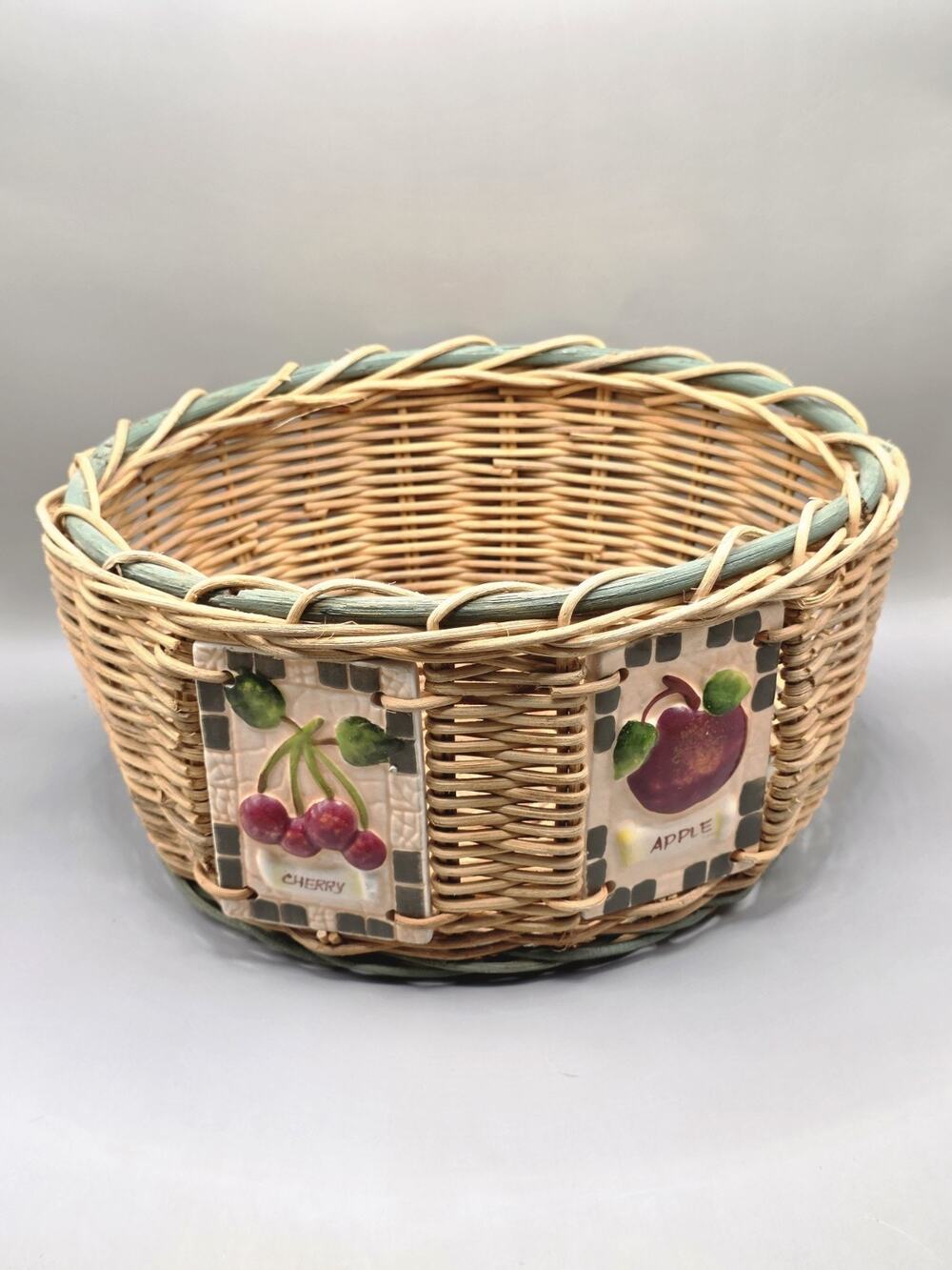 Vintage Wicker Fruit Basket Ceramic Tile Inserts Apple Cherry Country Decor Bowl